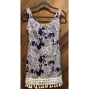 Lilly Pulitzer Thompson Bright Navy I Herd You Zebra Shift Lace Tassel Dress